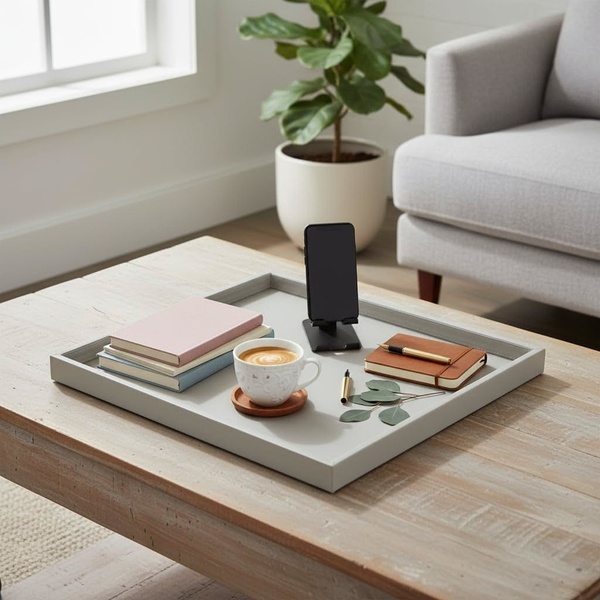 serving tray, decorative tray, coffee table tray, ottoman tray, breakfast tray, brand awareness, minimalist, lifestyle, calm, trustworthy, neutral